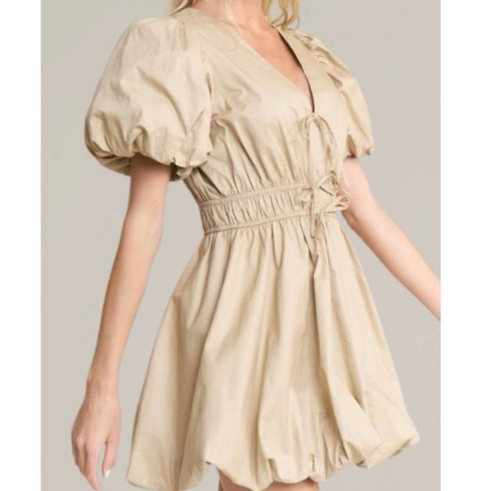 Chic Beige Puff Sleeve Mini Dress